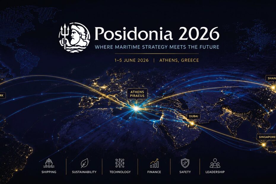 High-resolution horizontal graphic for Posidonia 2026 featuring a dark world map at night, global maritime connectivity routes radiating from Athens and Piraeus toward major international shipping hubs, with the Posidonia 2026 logo prominently displayed against a blue and gold strategic network backdrop