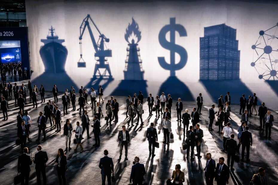 Wide editorial-style image inside a major maritime exhibition hall, where shipping professionals move beneath six oversized shadow-like forms representing the strategic forces shaping industry decisions