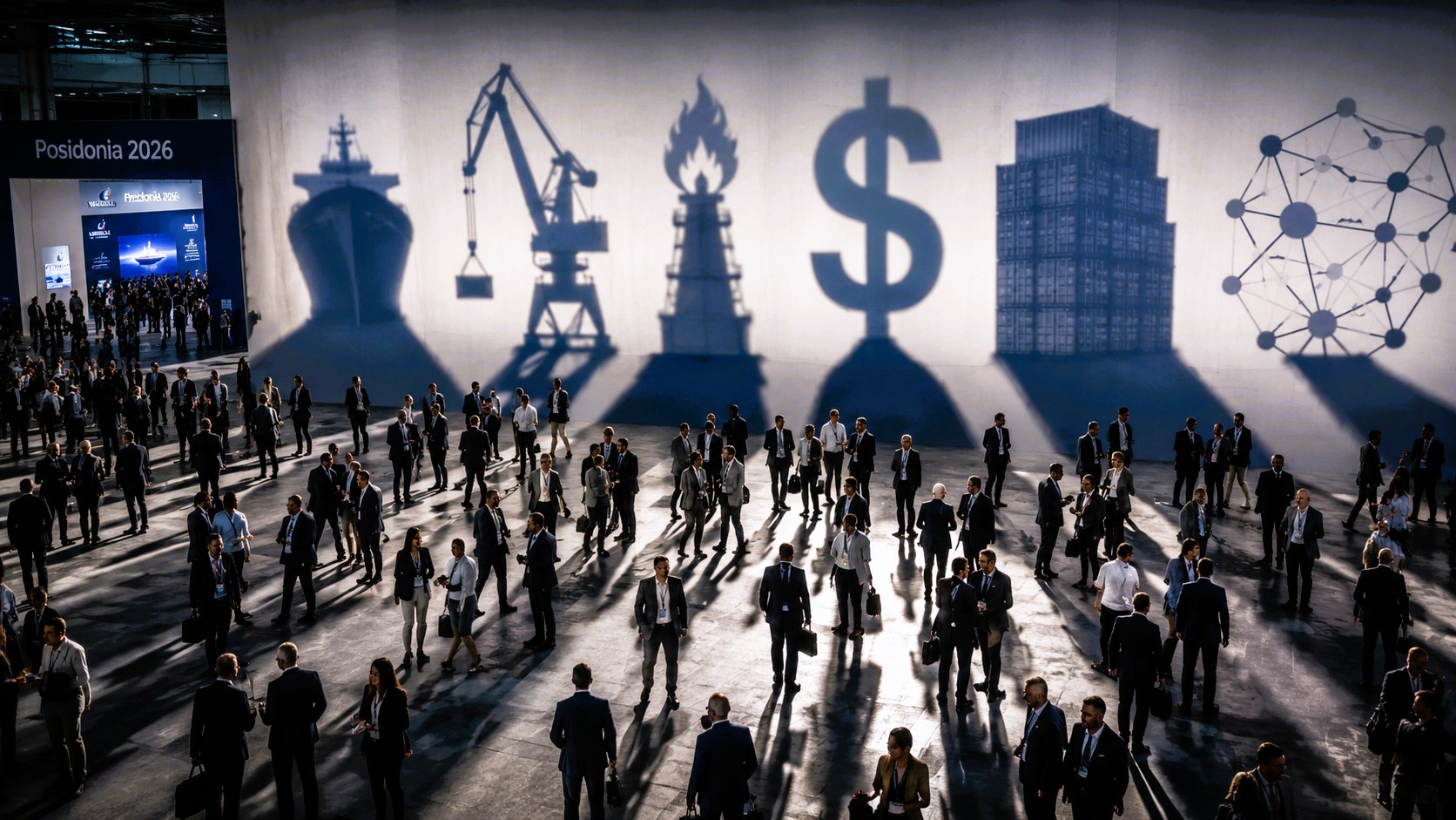 Wide editorial-style image inside a major maritime exhibition hall, where shipping professionals move beneath six oversized shadow-like forms representing the strategic forces shaping industry decisions