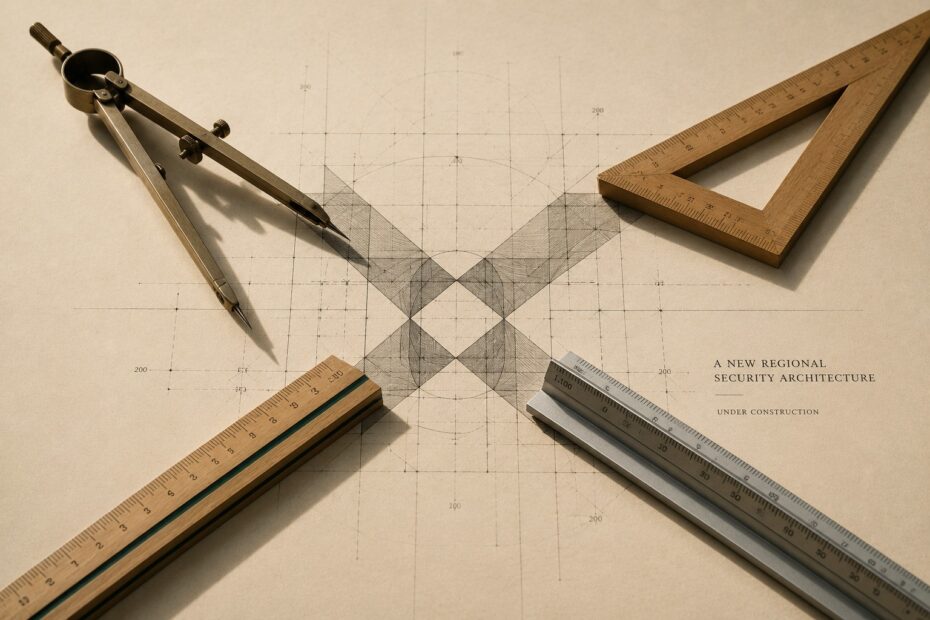 Minimalist editorial illustration showing architectural drafting tools arranged around a geometric blueprint on a cream-coloured surface, illuminated by warm directional light in a Monocle-style composition