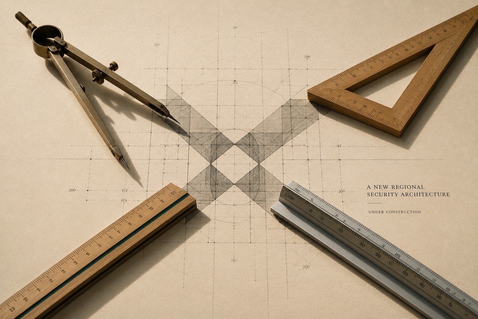 Minimalist editorial illustration showing architectural drafting tools arranged around a geometric blueprint on a cream-coloured surface, illuminated by warm directional light in a Monocle-style composition