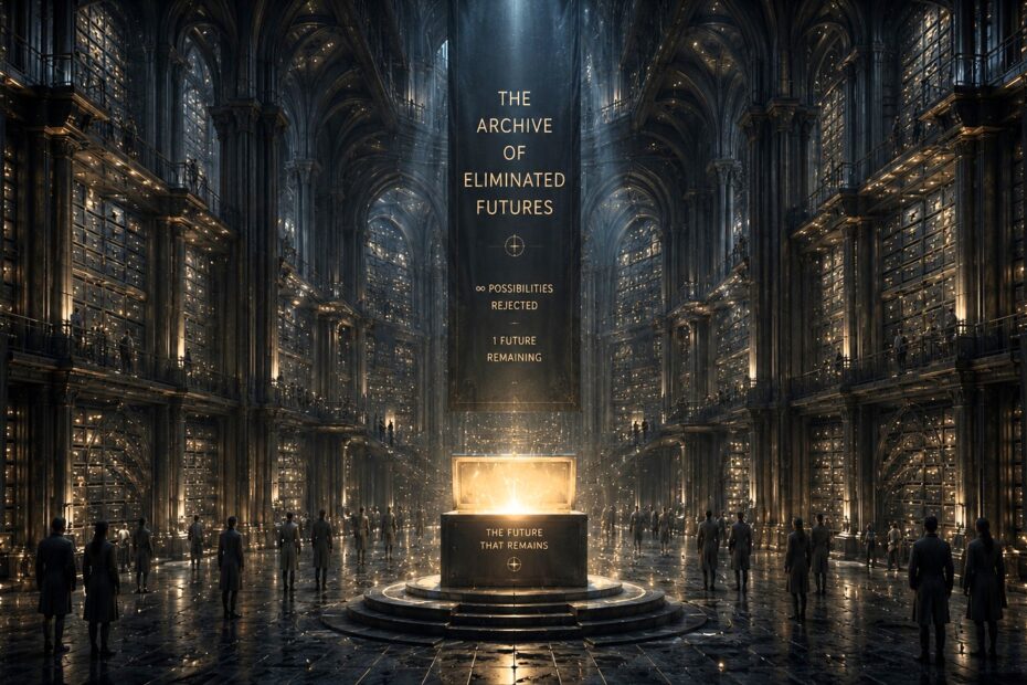 Vast cathedral-like archive of eliminated futures, where a single illuminated repository remains at the centre beneath towering vaults