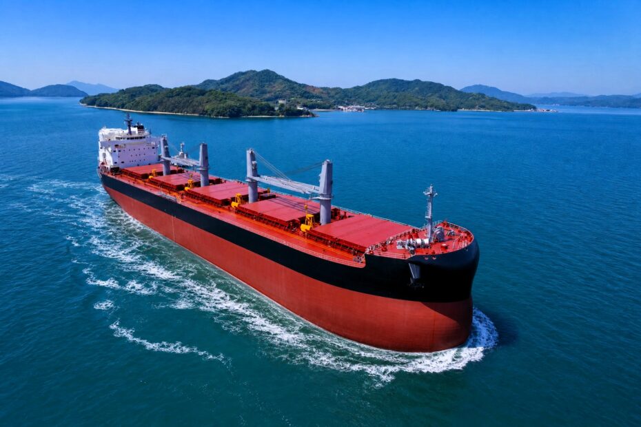 A large dry bulk vessel underway in calm blue waters, viewed from above, with green islands and distant hills in the background under clear skies
