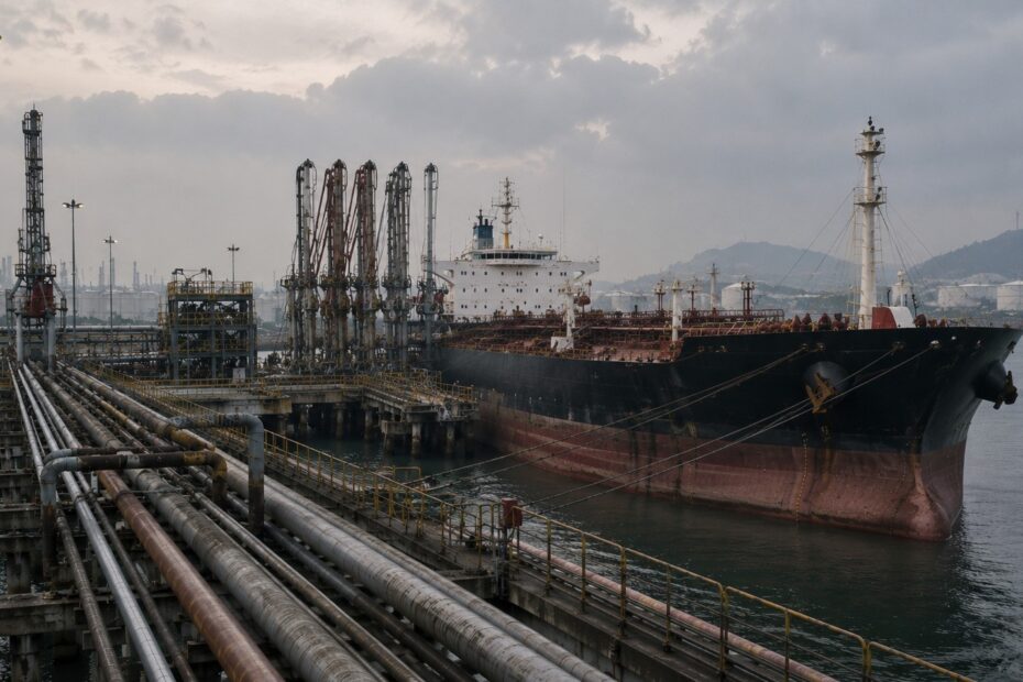 Oil tanker loading crude at an industrial export terminal with pipelines, loading arms and refinery infrastructure under an overcast sky