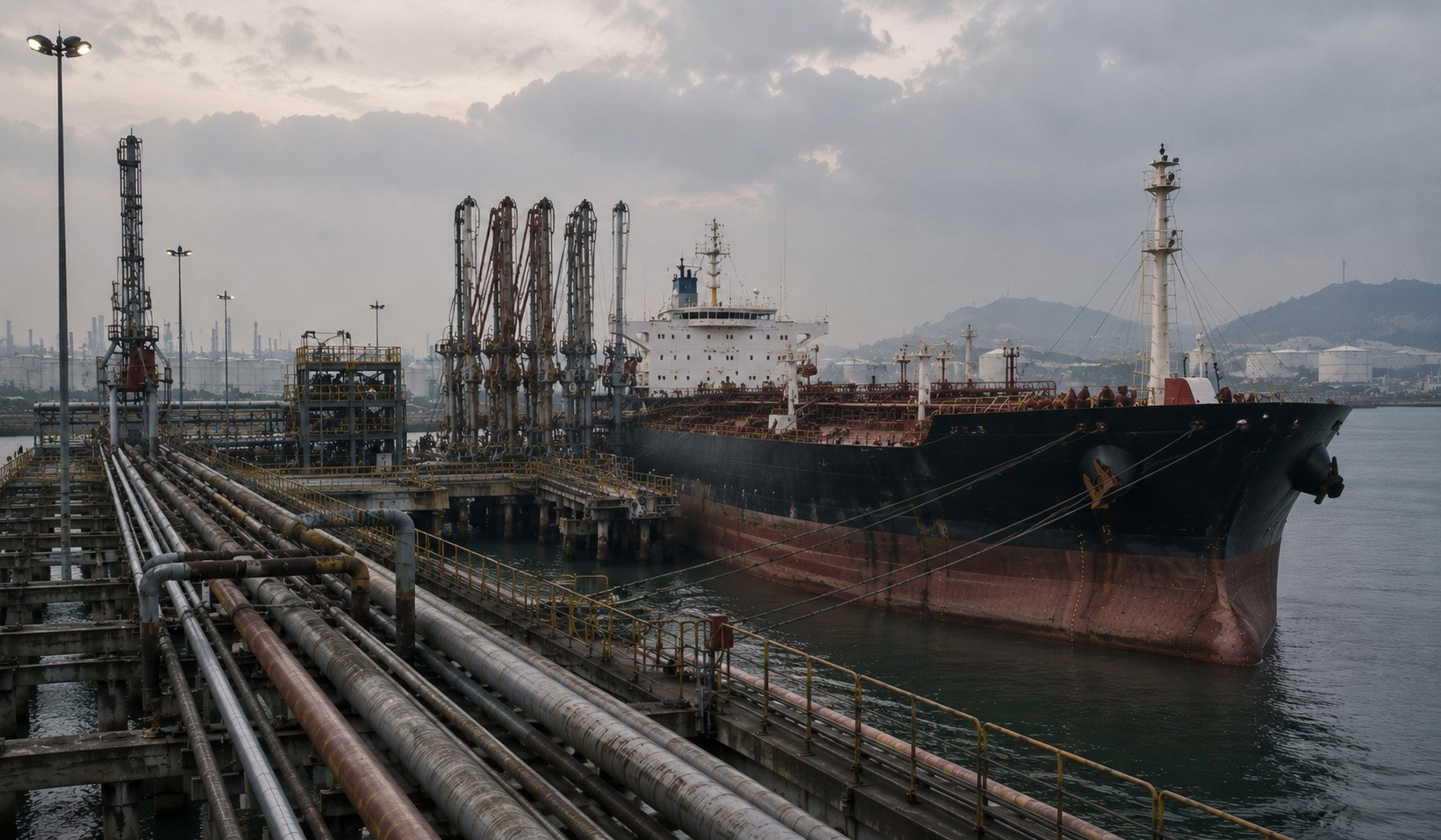 Oil tanker loading crude at an industrial export terminal with pipelines, loading arms and refinery infrastructure under an overcast sky