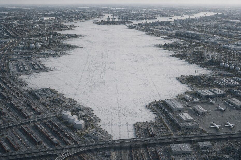 Aerial editorial-style image of a vast logistics and infrastructure landscape combining ports, rail networks, energy facilities, warehouses, and cargo aviation infrastructure. At the center lies a large unfinished blueprint-like void marked by faint planning lines, surrounded by interconnected systems rendered in muted grey and steel-blue tones