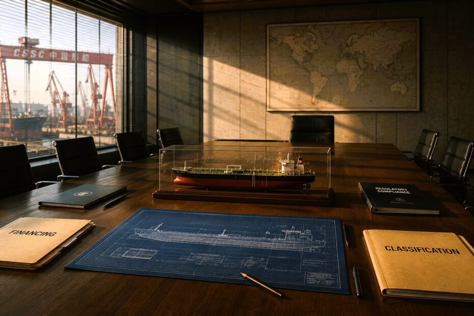 Sunlit boardroom overlooking a major shipyard, with a tanker model, technical blueprint and maritime documents arranged on a large conference table