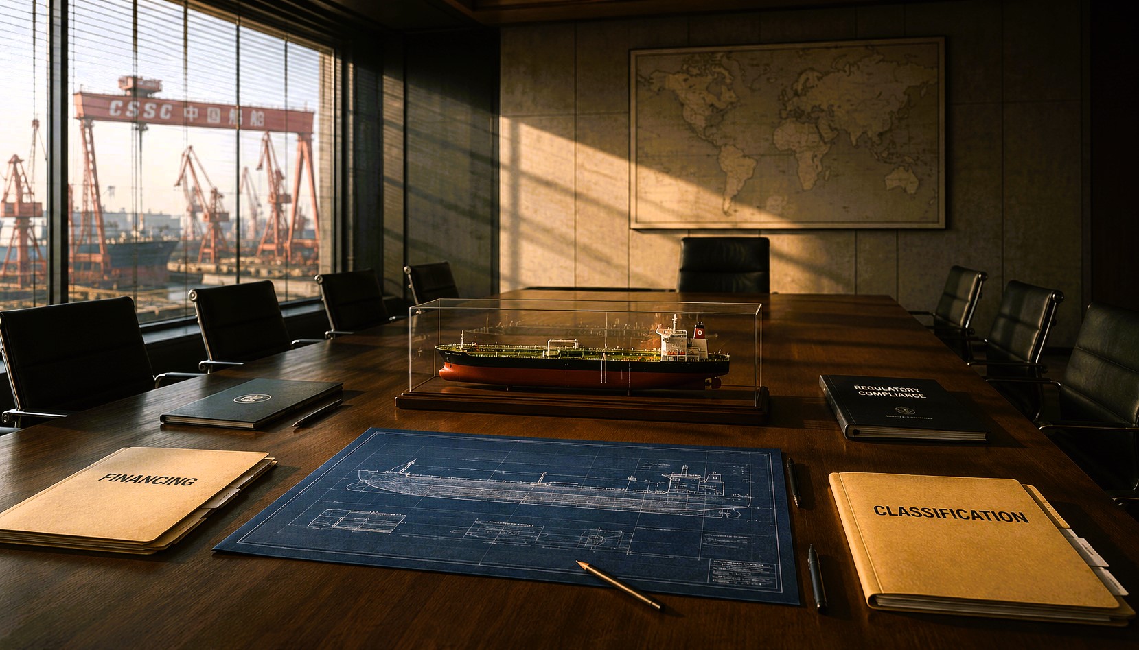 Sunlit boardroom overlooking a major shipyard, with a tanker model, technical blueprint and maritime documents arranged on a large conference table