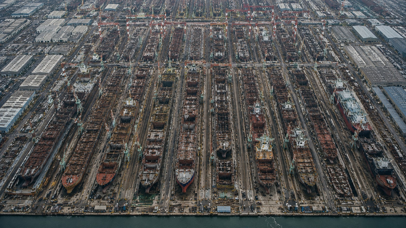 Aerial view of a vast shipyard with numerous vessels under construction in parallel dry docks, creating a dense pattern of industrial activity, cranes, infrastructure and geometric repetition stretching across the frame