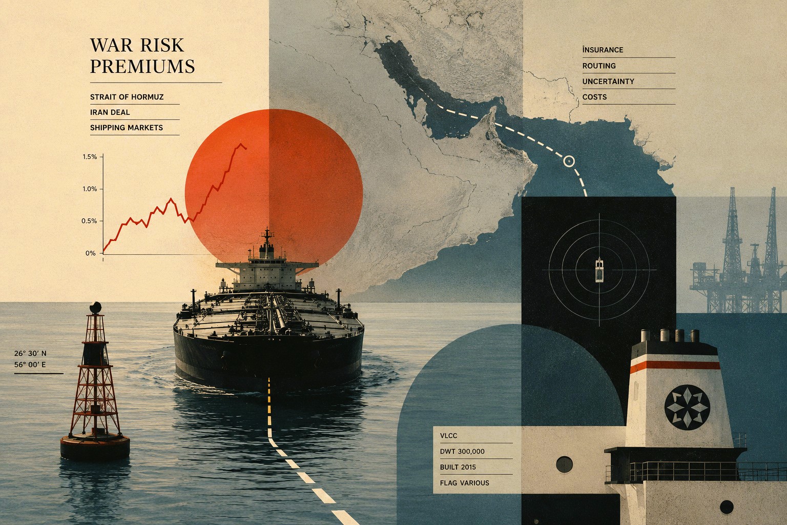 Editorial-style maritime illustration featuring a VLCC tanker, Gulf map elements, navigational graphics and insurance-themed visual motifs in a muted Monocle-inspired palett