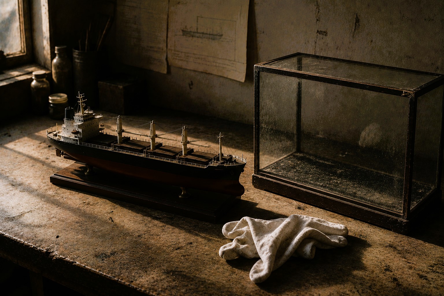 A museum-quality ship model rests beside an empty, slightly worn glass display case on a maritime conservator's workbench. Carelessly discarded gloves, subtle dust, and an unfinished workspace evoke a moment of transition, where established practice is giving way to a new operating reality
