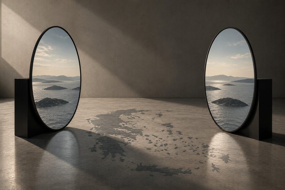 Two minimalist mirrors reflect the same Aegean seascape from slightly different perspectives above a subtle map of the Aegean, symbolising how shared geography can generate contrasting political perceptions