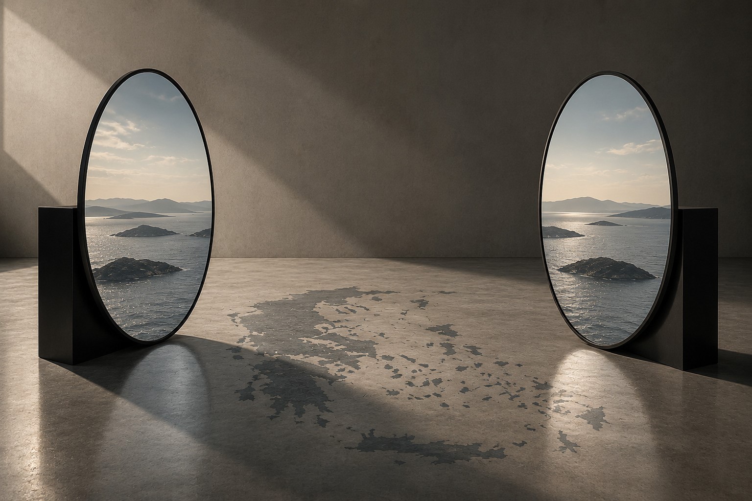 Two minimalist mirrors reflect the same Aegean seascape from slightly different perspectives above a subtle map of the Aegean, symbolising how shared geography can generate contrasting political perceptions