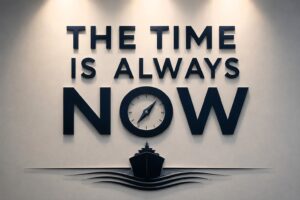 Gold three-dimensional maritime-inspired typography reading “THE TIME IS ALWAYS NOW” on a dark wooden wall with a ship emblem beneath