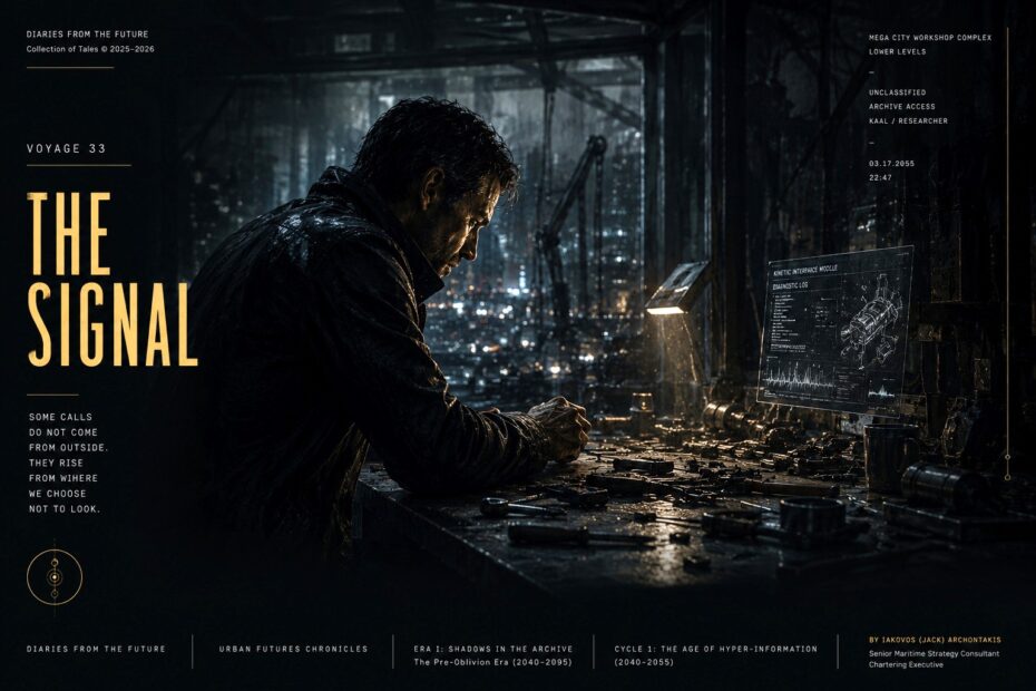 Editorial cinematic poster for Voyage 33 showing Kaal working alone inside the Mega City workshop as an unseen signal begins to emerge
