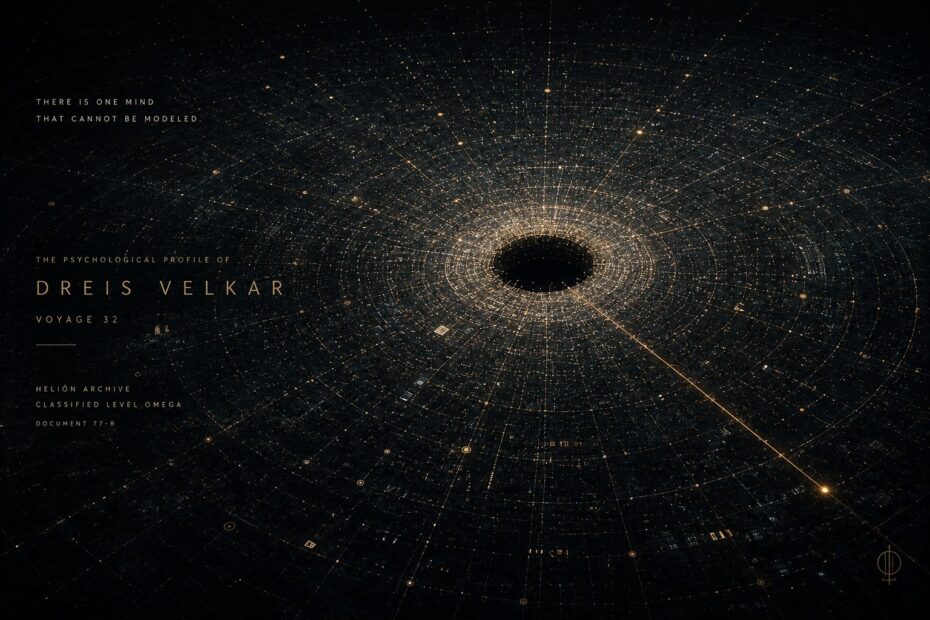 A vast geometric composition symbolizes the impossible psychological profile of Dreis Velkar, where converging trajectories fail to reach a single unknowable center