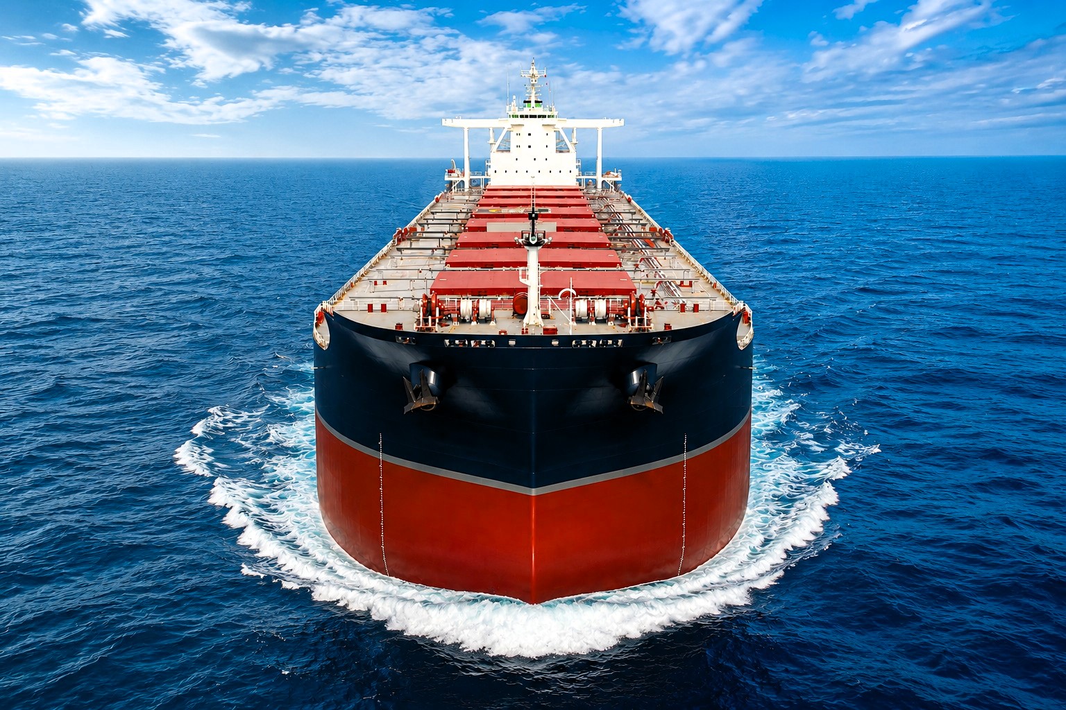 Front-facing bulk carrier sailing across calm open water beneath a vivid blue sky, with enhanced natural colours highlighting the vessel, sea and horizon