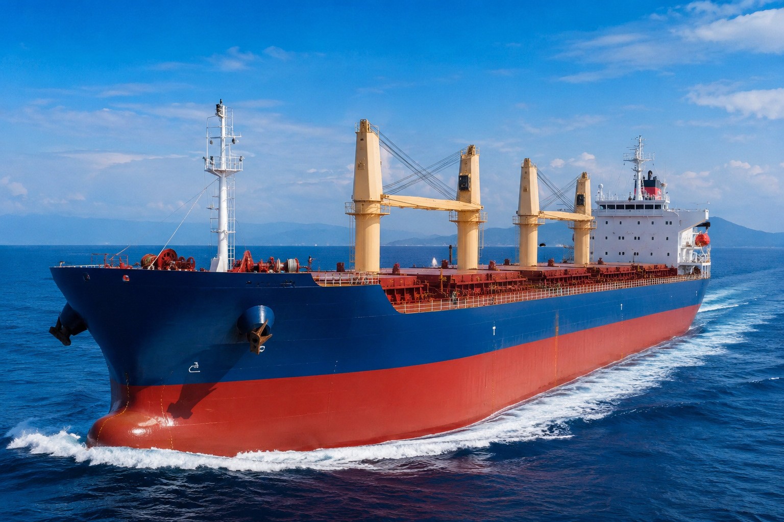 Ultramax dry bulk vessel sailing at sea, reflecting balanced global freight market conditions amid regional demand shifts and geopolitical uncertainty