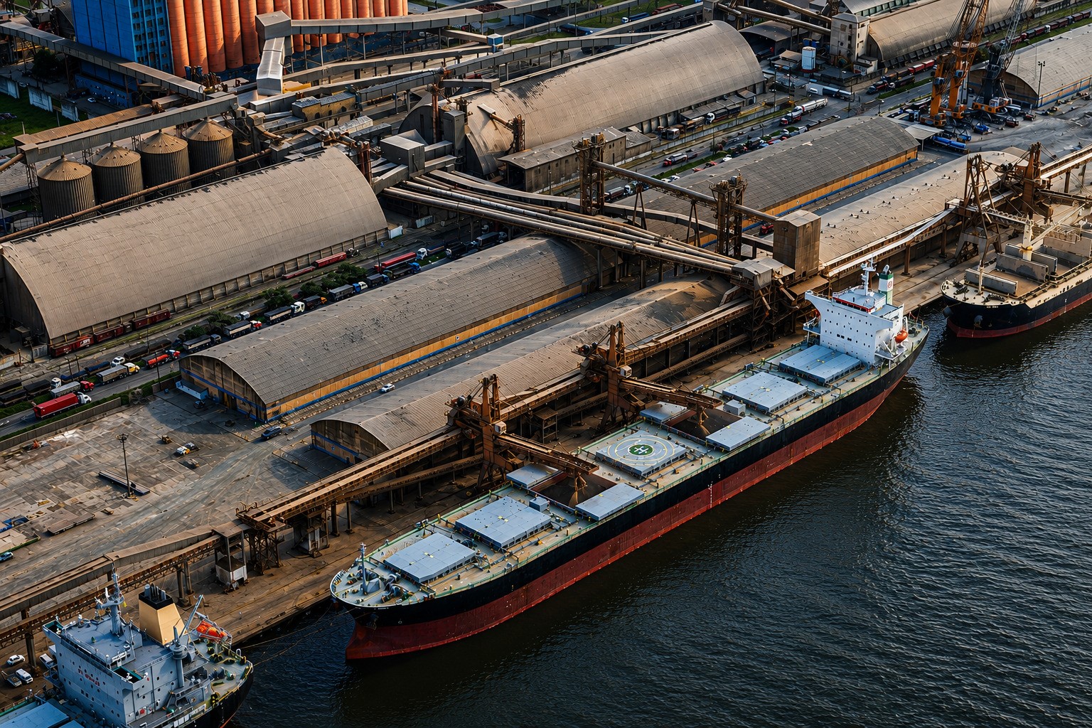 Aerial view of a bulk cargo terminal with Ultramax vessels alongside loading berths, conveyor systems, warehouses, and industrial port infrastructure