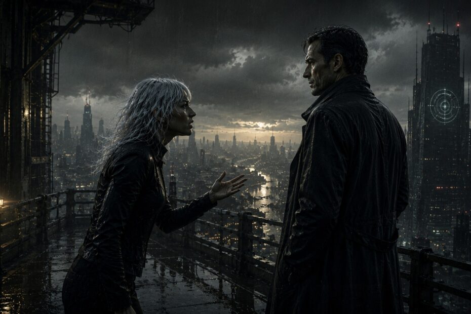 Nyra confronts Dreis on a rain-soaked maintenance balcony overlooking the vast futuristic Mega City at night