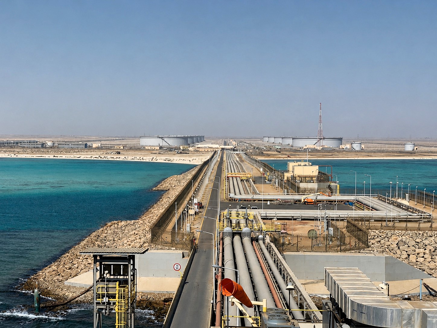 Pipelines extend toward the Yanbu oil terminal on Saudi Arabia's Red Sea coast, with storage tanks, industrial infrastructure and turquoise waters highlighting a key crude export hub