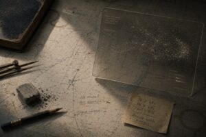 Weathered nautical chart with handwritten route notes, a worn notebook, navigation tools, pencil marks, and a subtle translucent analytical overlay suggesting AI-assisted maritime decision-making