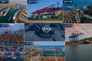 Editorial collage of COSCO Shipping Ports’ Mediterranean network, featuring Piraeus, Suez, Vado Ligure, Kumport, Bilbao and Valencia terminals