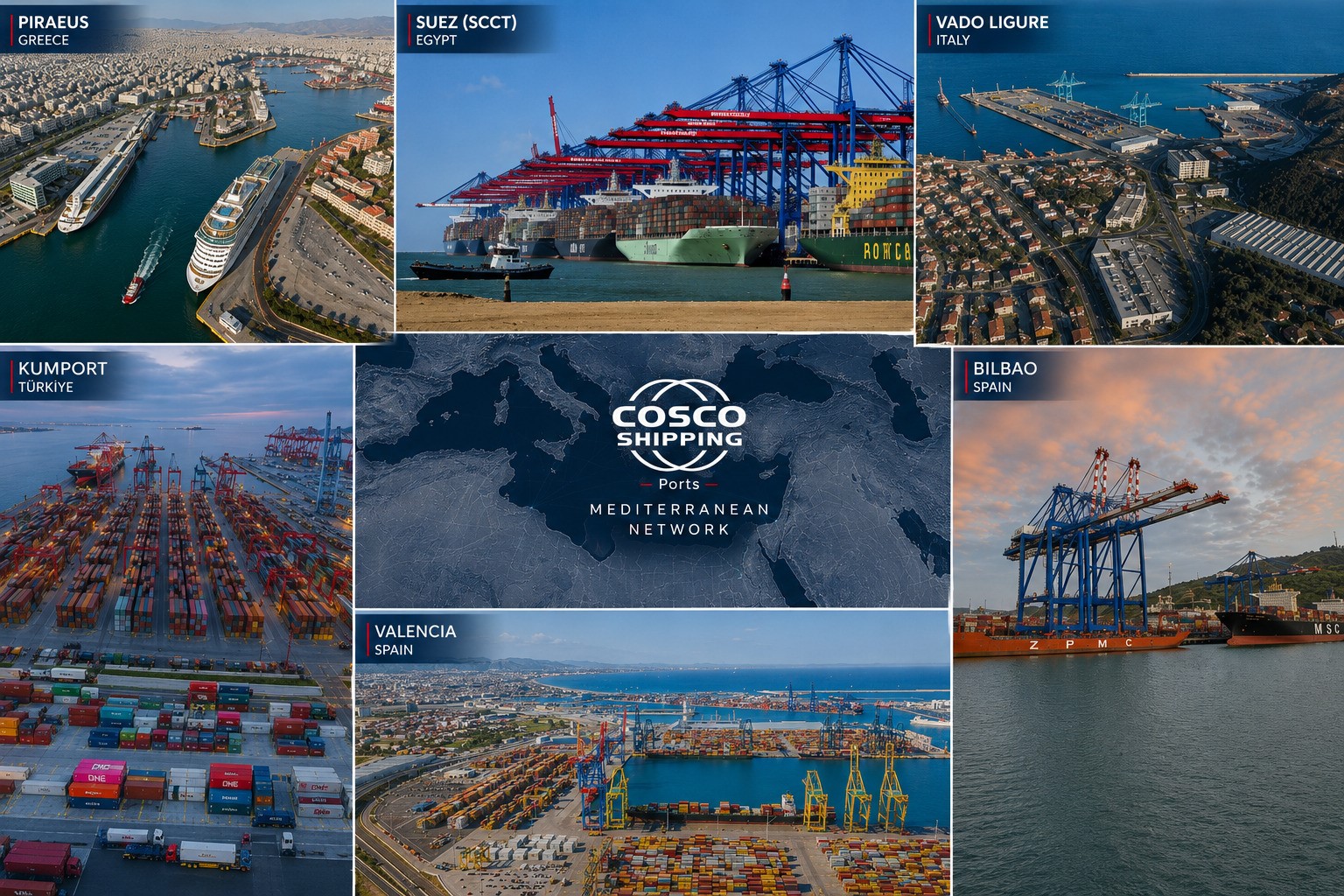 Editorial collage of COSCO Shipping Ports’ Mediterranean network, featuring Piraeus, Suez, Vado Ligure, Kumport, Bilbao and Valencia terminals