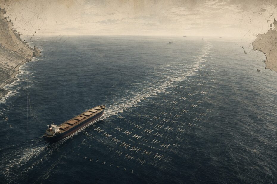 Editorial illustration of a Capesize bulk carrier crossing an ocean as calendar markings emerge across its wake, symbolizing voyage time