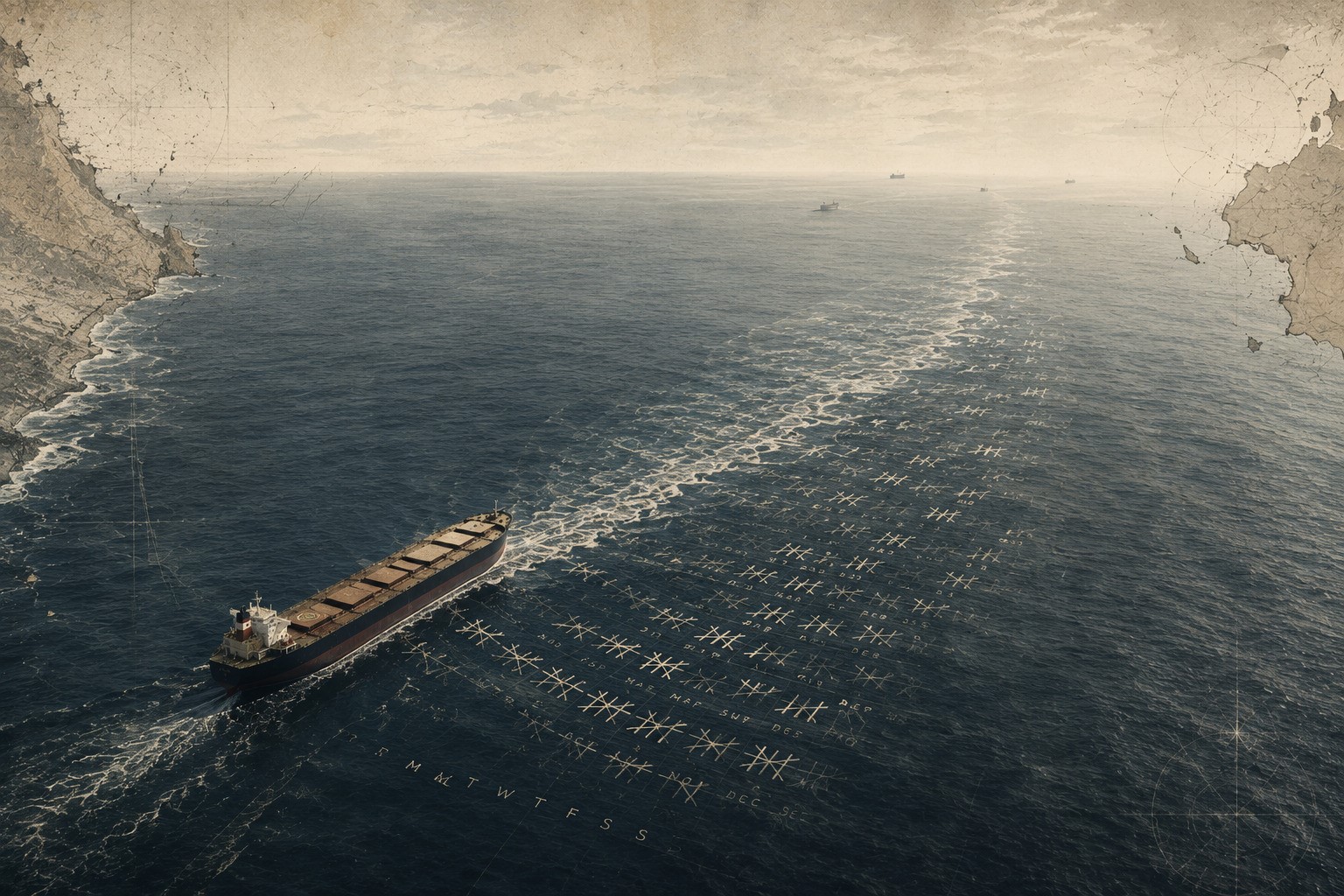 Editorial illustration of a Capesize bulk carrier crossing an ocean as calendar markings emerge across its wake, symbolizing voyage time