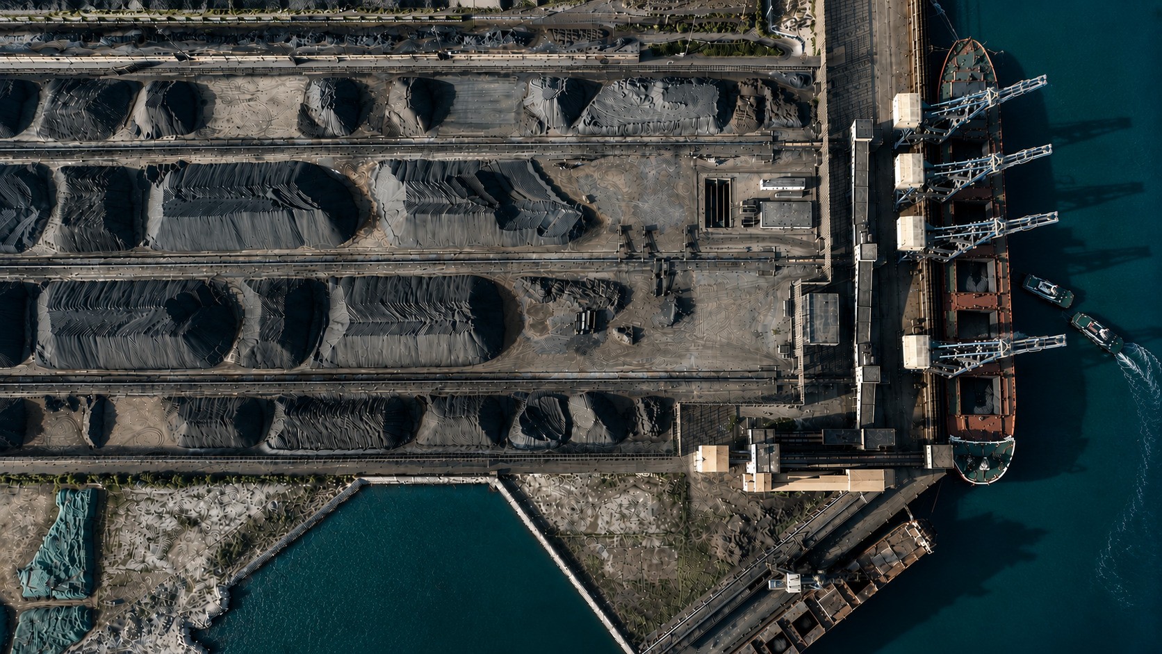 Aerial view of a dry bulk terminal with charcoal stockpiles, shiploaders and bulk carriers alongside deep teal waters