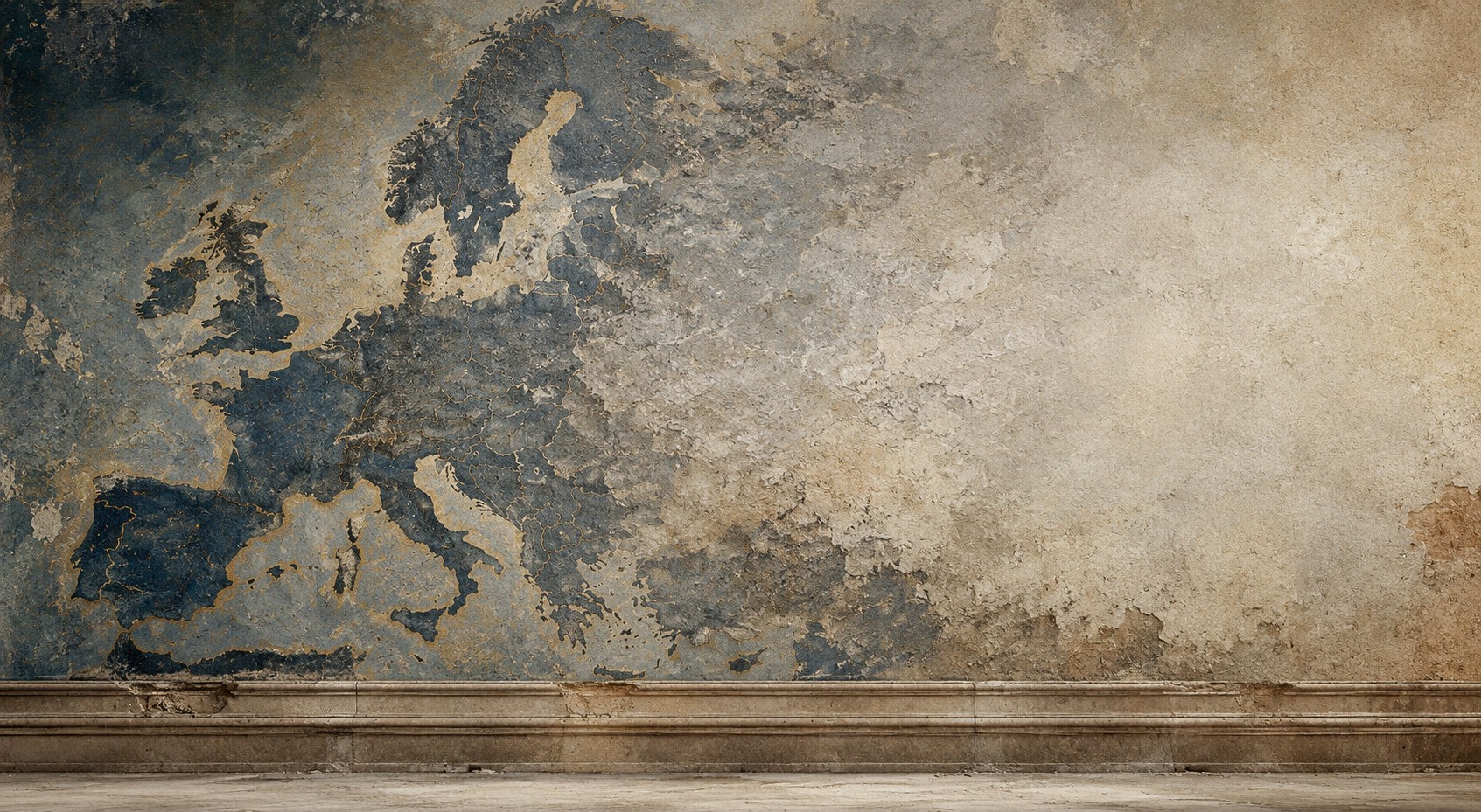 A wide, high-resolution artistic mural depicting a weathered map of Europe gradually fading into a cracked, textured wall, symbolizing the slow erosion of European identity, collective memory, and historical continuity