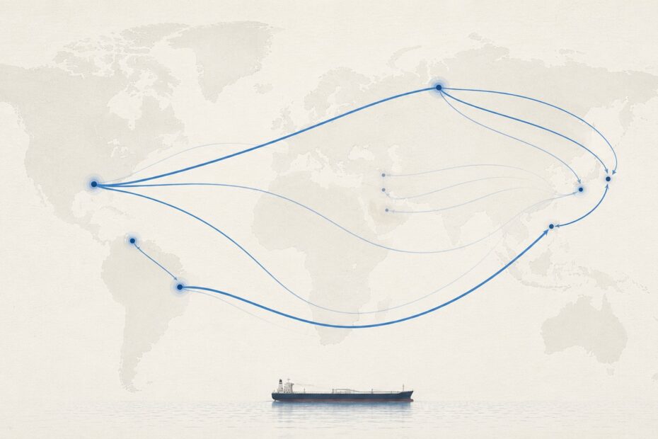 Minimalist editorial world map showing evolving global crude shipping routes, with stronger maritime flows from Russia and the Atlantic Basin and weaker routes from parts of the Middle East, plus a small VLCC on calm water against a cream textured background