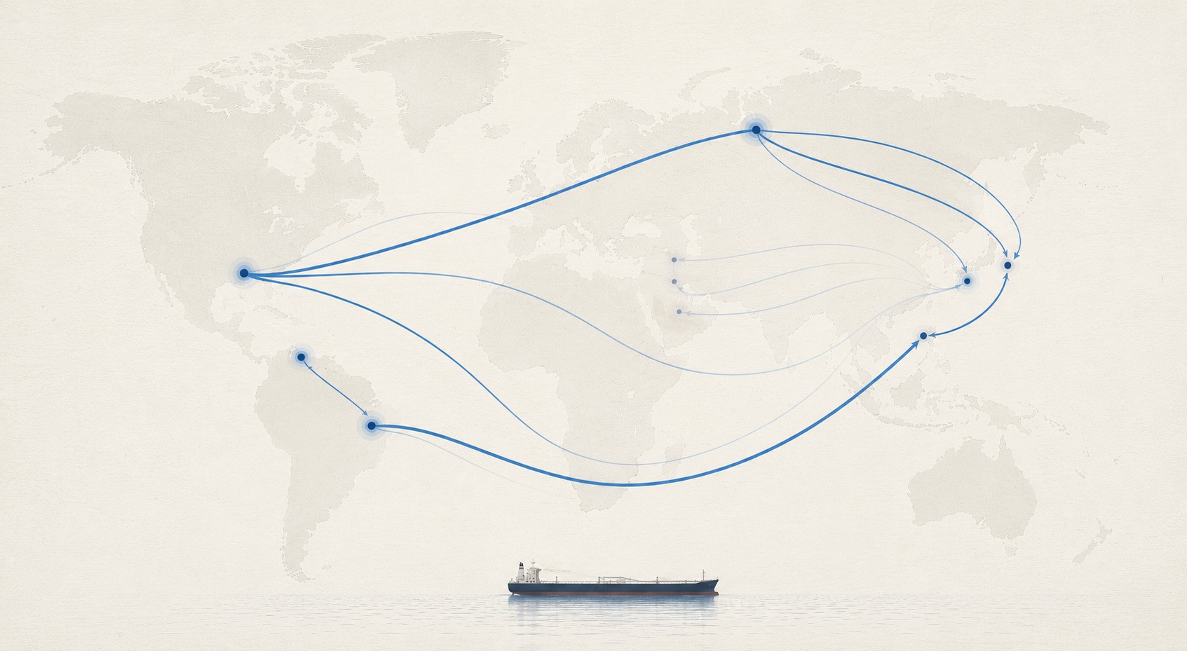 Minimalist editorial world map showing evolving global crude shipping routes, with stronger maritime flows from Russia and the Atlantic Basin and weaker routes from parts of the Middle East, plus a small VLCC on calm water against a cream textured background