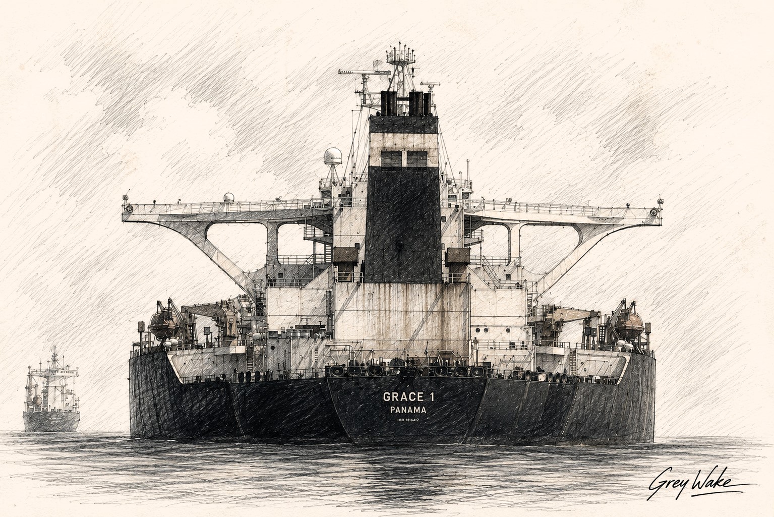Hand-drawn editorial sketch of the “Grace 1” oil tanker viewed from the stern at sea, signed by Grey Wake