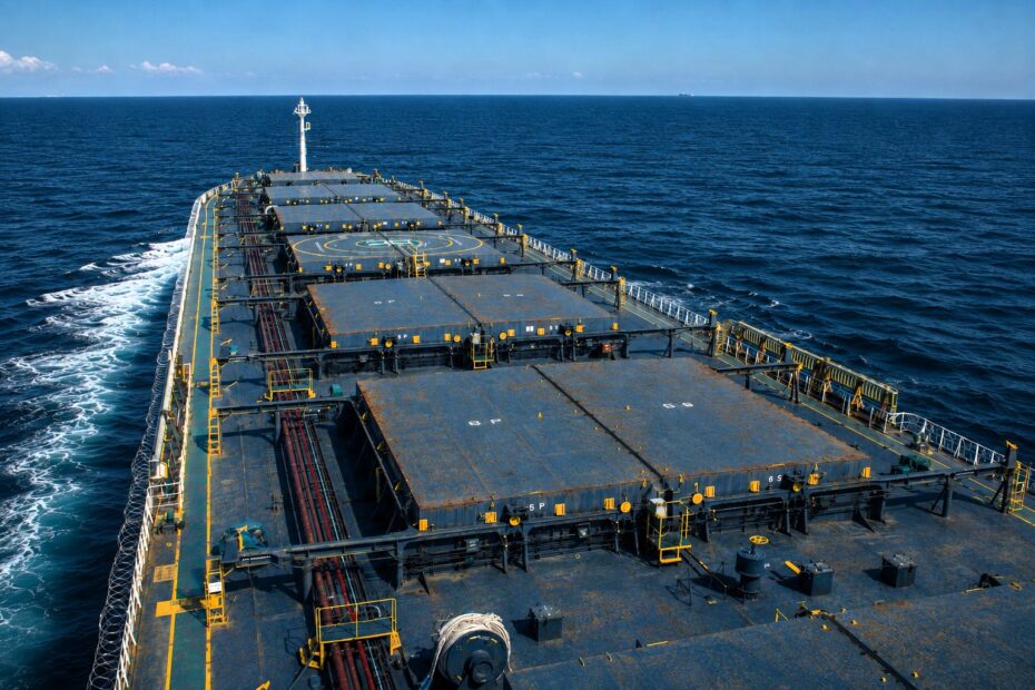 Wide elevated view across the steel-blue deck of a large bulk carrier underway in deep-blue open sea