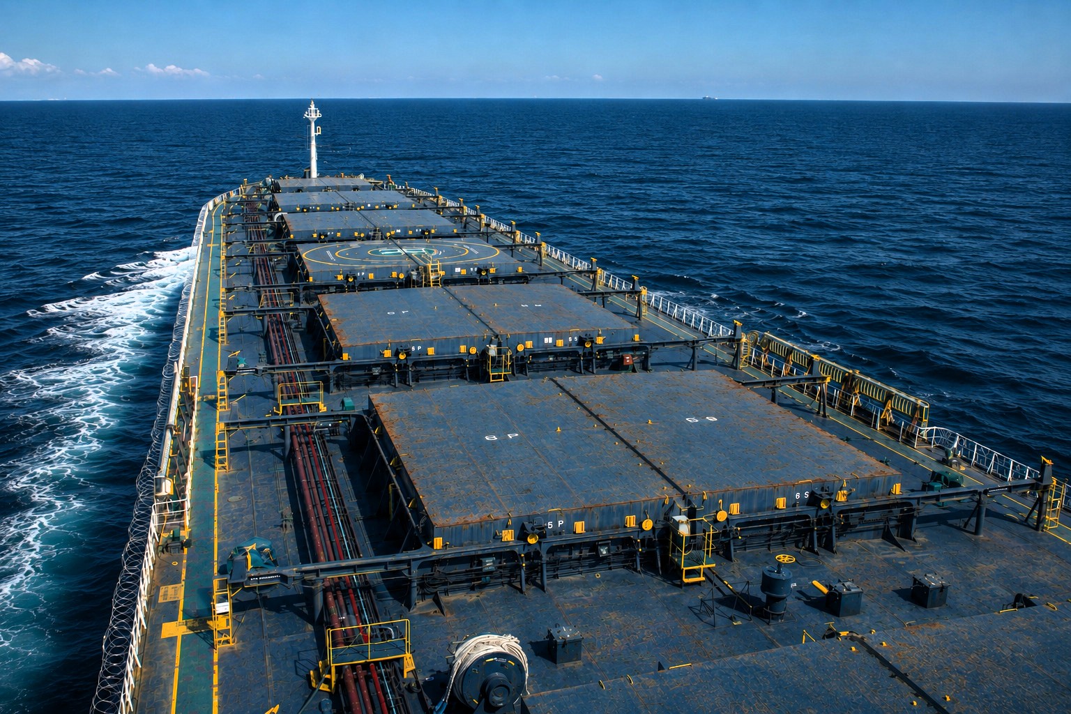 Wide elevated view across the steel-blue deck of a large bulk carrier underway in deep-blue open sea