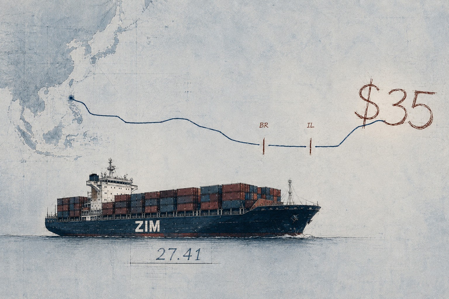 Editorial illustration of a ZIM container ship beneath a Pacific route interrupted by Brazil and Israel before reaching $35
