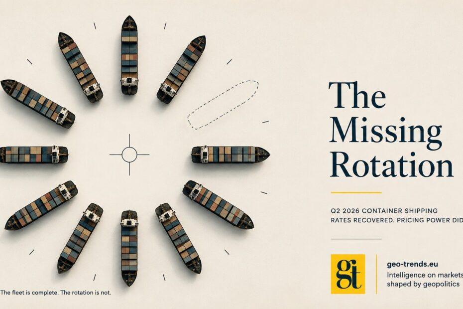 Aerial editorial illustration of container ships arranged in a circle with one position left empty and outlined by a dashed line, illustrating lost productive vessel cycles in Q2 2026 container shipping
