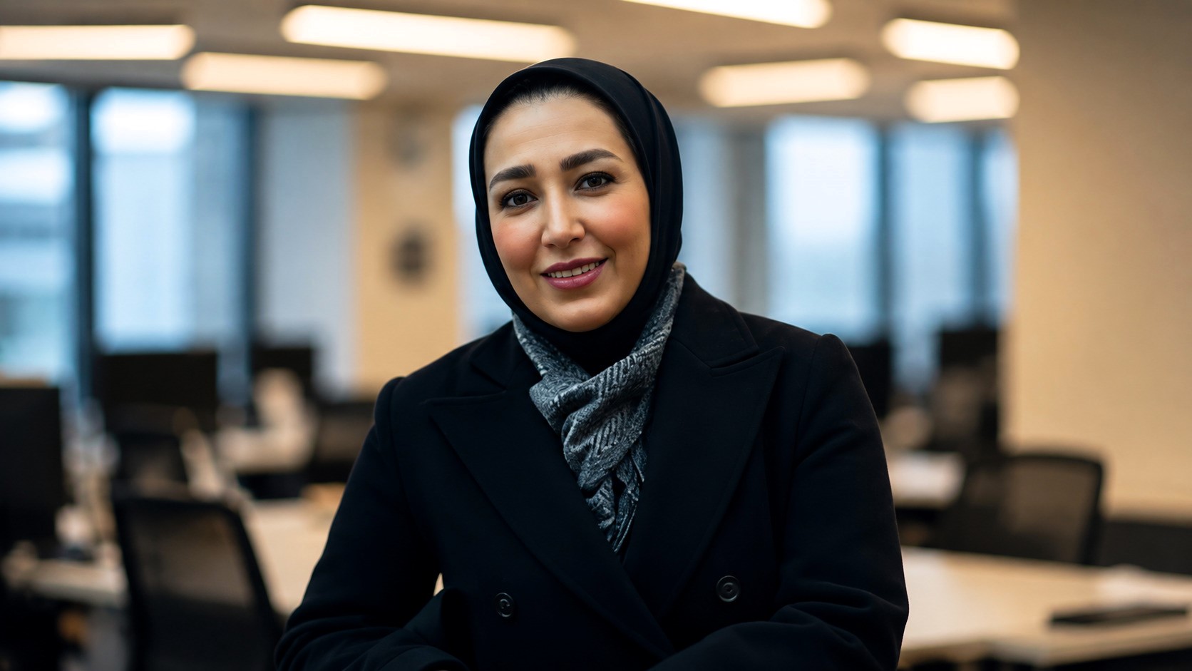 Professor Roxana Nicknami, University of Tehran, photographed in a modern office during her interview on Iran, international law, deterrence, and regional security