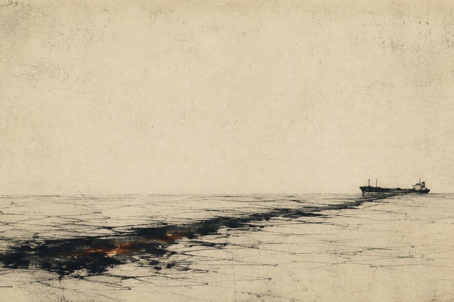 Minimalist ink illustration of a distant tanker crossing a pale sea, leaving a dark wake with subtle traces of fire