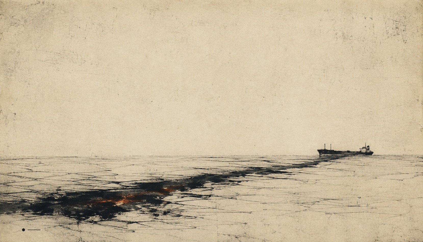 Minimalist ink illustration of a distant tanker crossing a pale sea, leaving a dark wake with subtle traces of fire