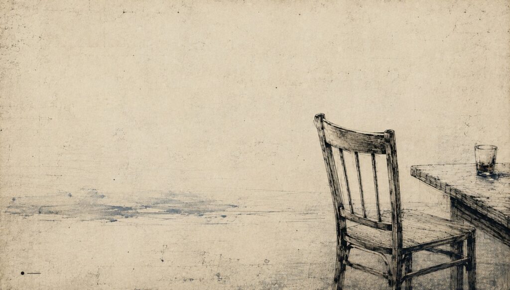 Minimalist ink illustration of an empty wooden chair beside a table and glass against a sparse, weathered background