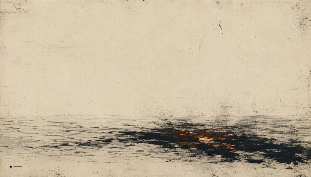 Minimalist ink illustration of a dark oil slick burning across a pale, empty sea beneath a vast weathered sky