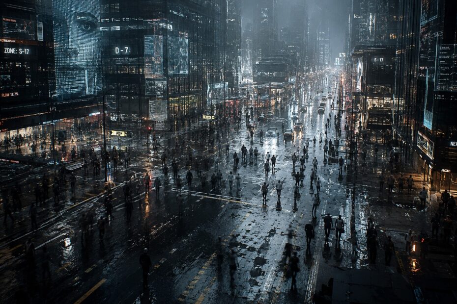 Rain-soaked Mega City intersection in 2055, crowded with pedestrians beneath towering data screens and illuminated futuristic buildings