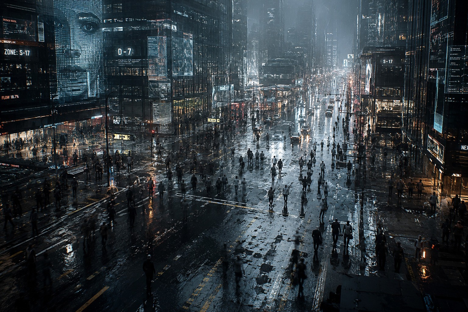 Rain-soaked Mega City intersection in 2055, crowded with pedestrians beneath towering data screens and illuminated futuristic buildings