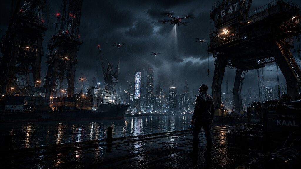 Kaal observes autonomous drones behaving unpredictably above a rain-soaked futuristic harbor, surrounded by massive cranes and distant city lights