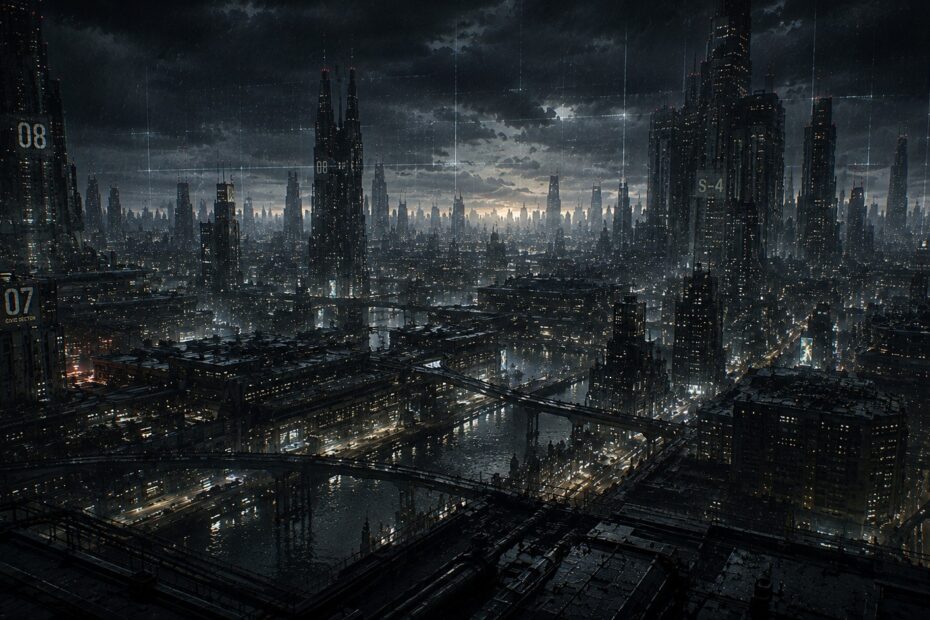 A vast futuristic megacity subtly reshapes itself beneath a storm-dark sky as reality begins to shift