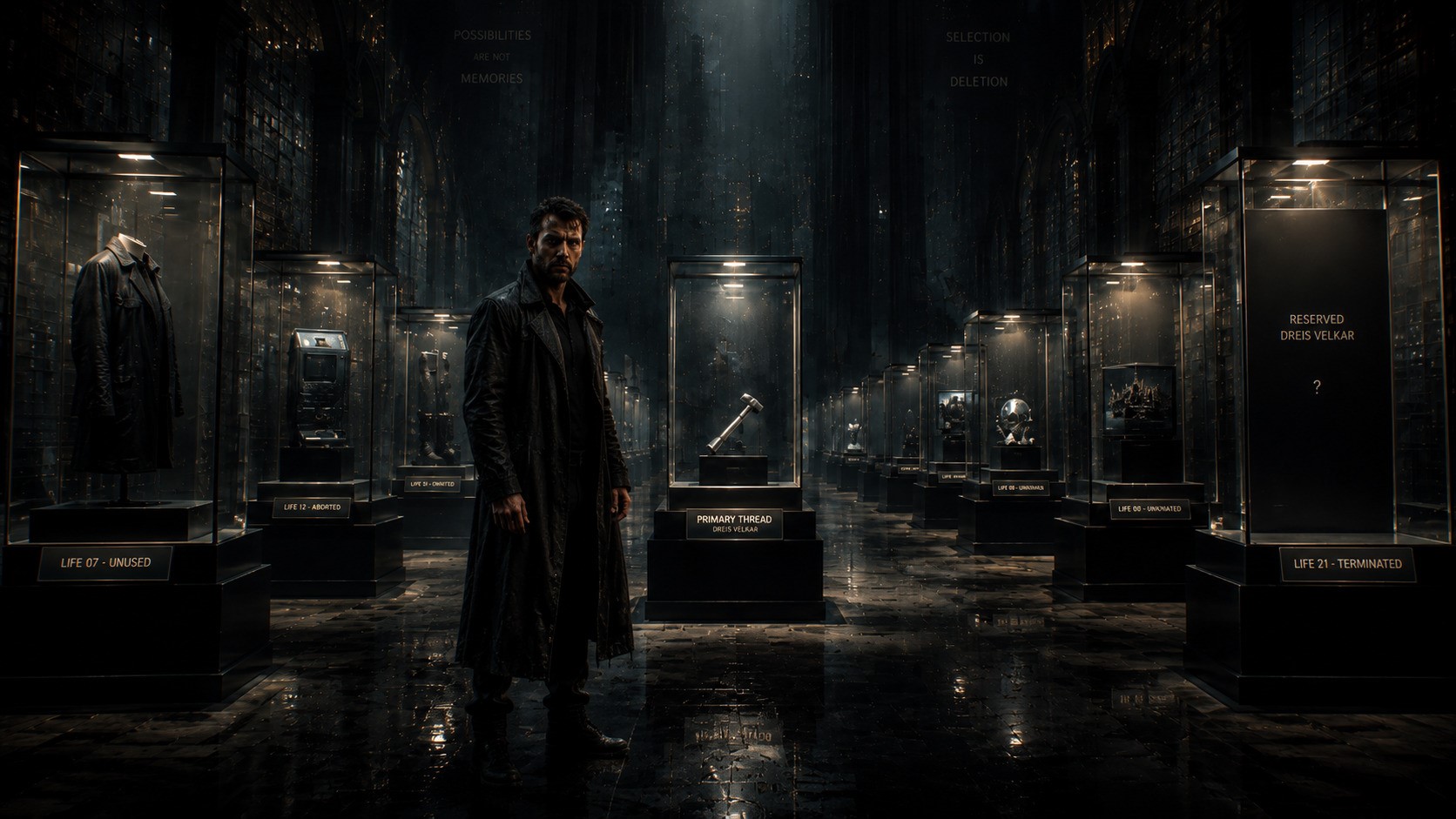 Dreis Velkar stands inside a vast dark archive displaying preserved objects and traces from multiple possible versions of his life