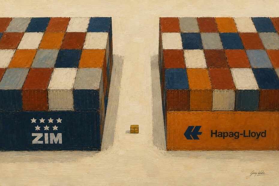 Hand-painted editorial illustration of ZIM and Hapag-Lloyd container stacks facing across an open corridor, with a small golden container between them